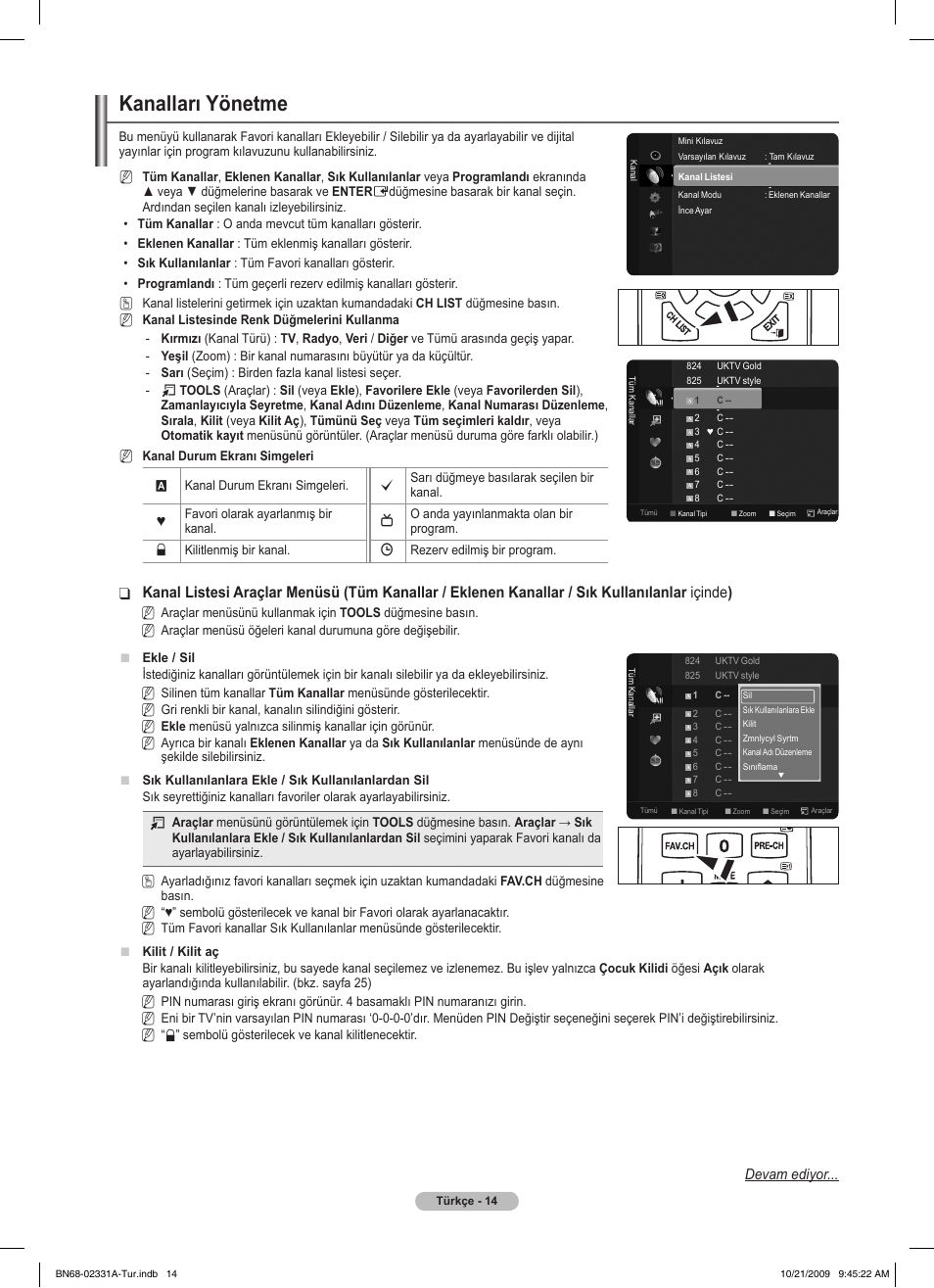 Kanalları yönetme, Devam ediyor | Samsung PS50B551T3W User Manual | Page 384 / 419