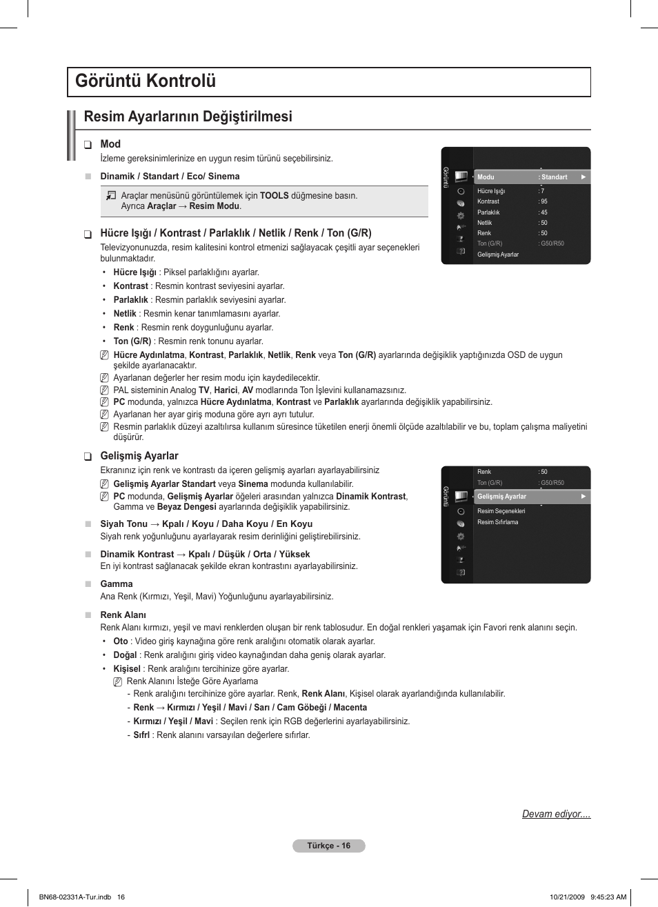 Görüntü kontrolü, Resim ayarlarının değiştirilmesi | Samsung PS50B551T3W User Manual | Page 386 / 419