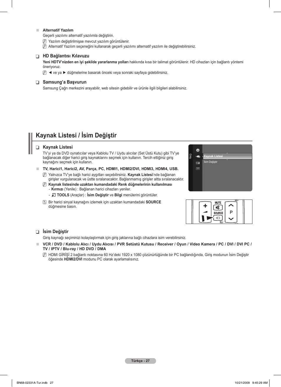 Kaynak listesi / isim değiştir | Samsung PS50B551T3W User Manual | Page 397 / 419