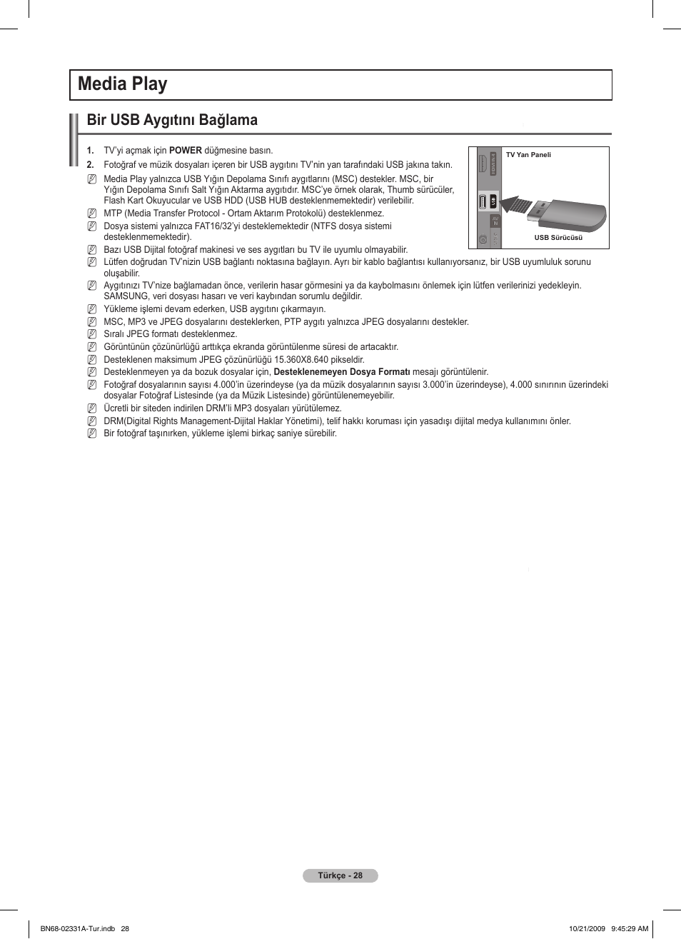 Media play, Bir usb aygıtını bağlama | Samsung PS50B551T3W User Manual | Page 398 / 419