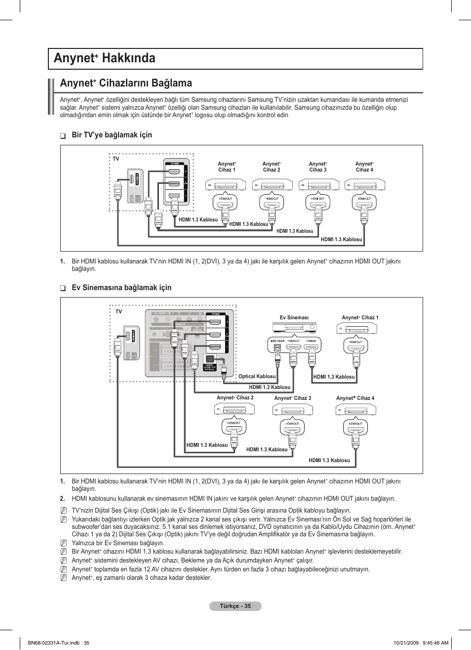 Anynet, Hakkında, Cihazlarını bağlama | Bir tv’ye bağlamak için, Ev sinemasına bağlamak için | Samsung PS50B551T3W User Manual | Page 405 / 419