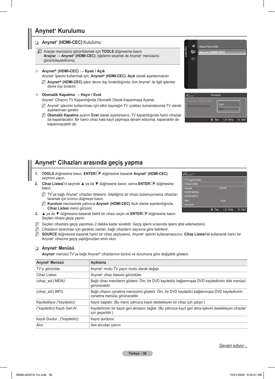 Anynet, Kurulumu, Cihazları arasında geçiş yapma | Hdmi-cec) kutulumu, Menüsü | Samsung PS50B551T3W User Manual | Page 406 / 419