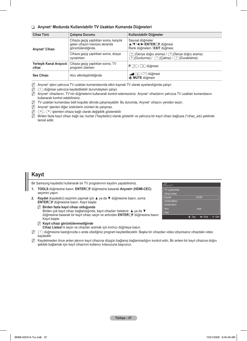 Kayıt, Anynet | Samsung PS50B551T3W User Manual | Page 407 / 419