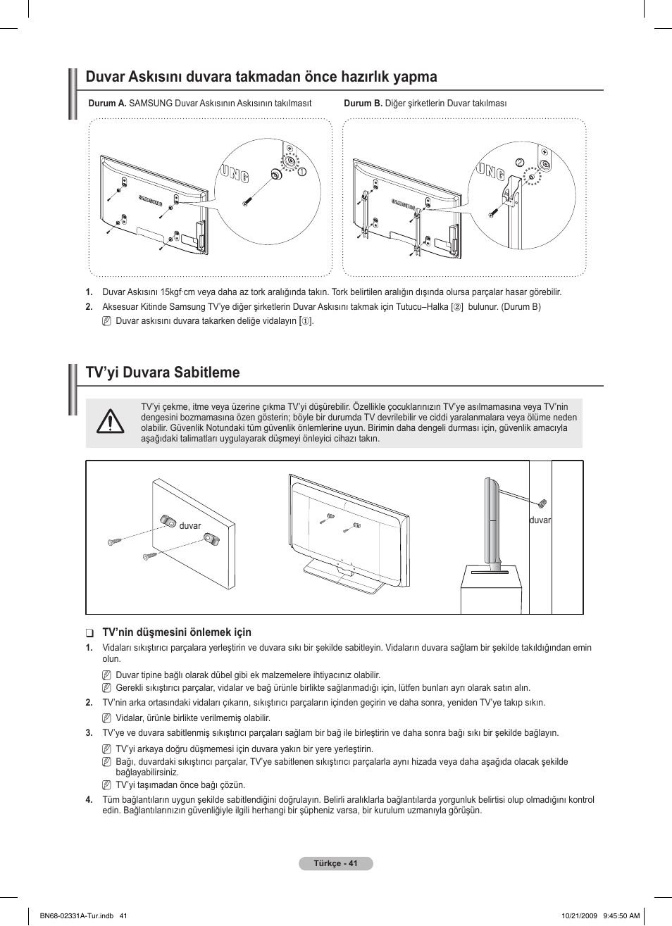 경고 주의 경고 주의, Duvar askısını duvara takmadan önce hazırlık yapma, Tv’yi duvara sabitleme | Samsung PS50B551T3W User Manual | Page 411 / 419