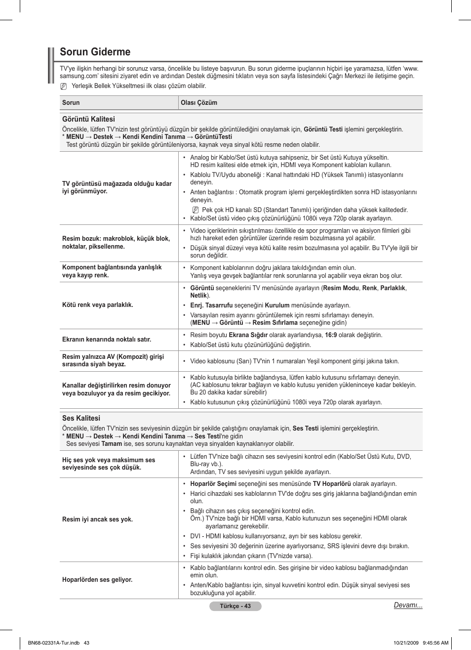 Sorun giderme | Samsung PS50B551T3W User Manual | Page 413 / 419