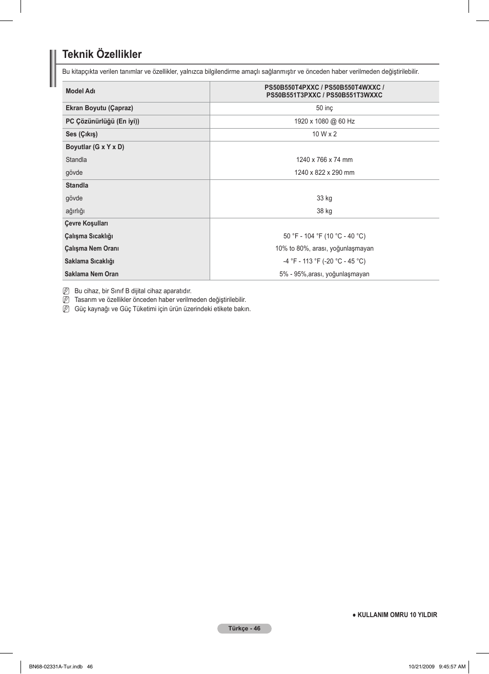 Teknik özellikler | Samsung PS50B551T3W User Manual | Page 416 / 419