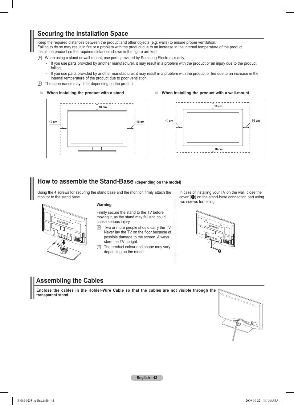 Securing the installation space, How to assemble the stand-base, Assembling the cables | Samsung PS50B551T3W User Manual | Page 42 / 419