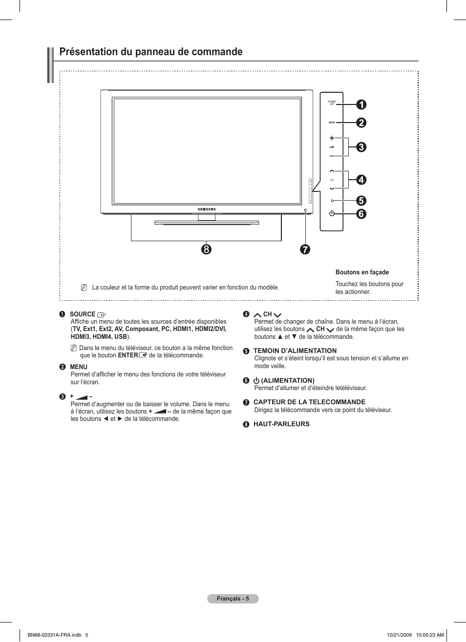 Présentation du panneau de commande | Samsung PS50B551T3W User Manual | Page 59 / 419