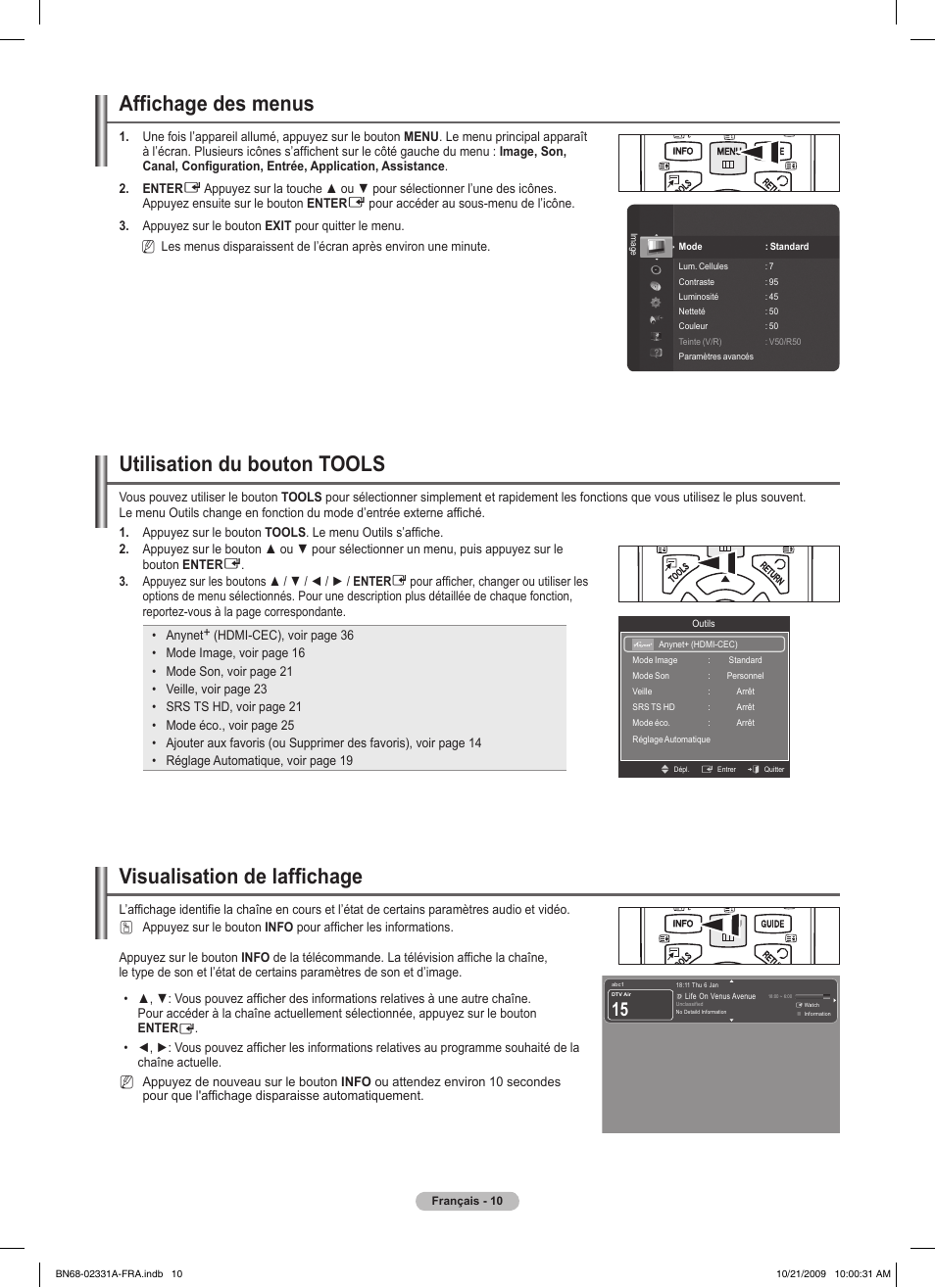 Affichage des menus, Utilisation du bouton tools, Visualisation de laffichage | Samsung PS50B551T3W User Manual | Page 64 / 419