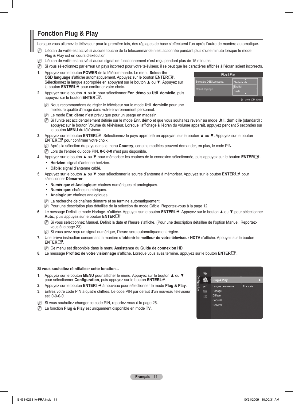 Fonction plug & play | Samsung PS50B551T3W User Manual | Page 65 / 419