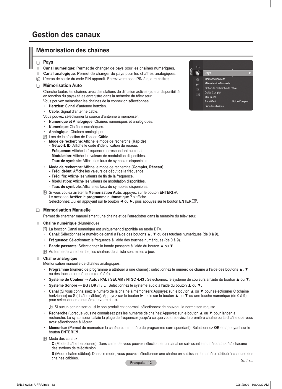 Gestion des canaux, Mémorisation des chaînes | Samsung PS50B551T3W User Manual | Page 66 / 419