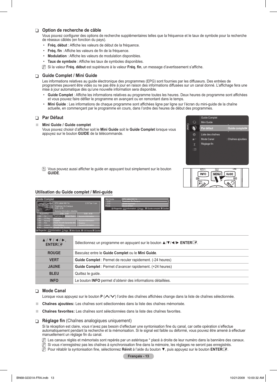 Option de recherche de câble, Guide ❑ complet / mini guide, Par défaut | Mode canal, Réglage fin ❑ (chaînes analogiques uniquement), Utilisation du guide complet / mini-guide | Samsung PS50B551T3W User Manual | Page 67 / 419