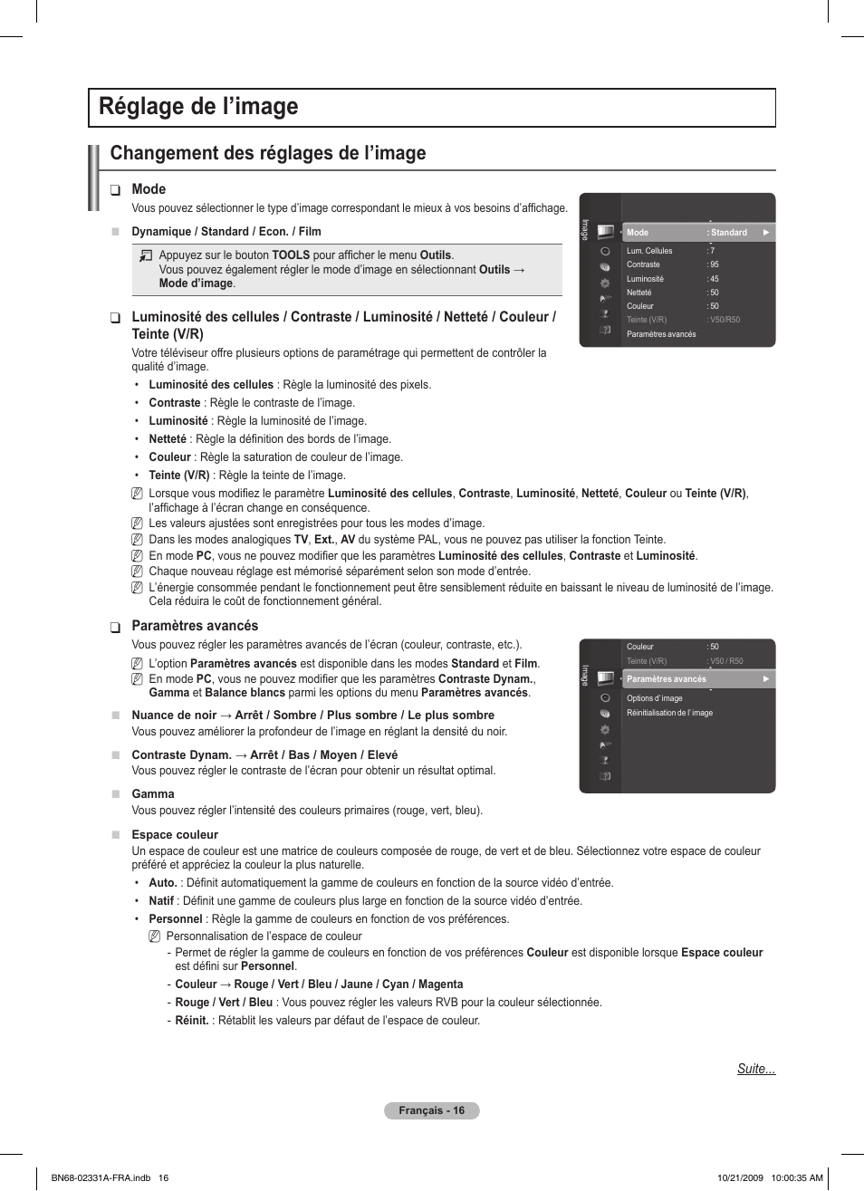 Réglage de l’image, Changement des réglages de l’image | Samsung PS50B551T3W User Manual | Page 70 / 419