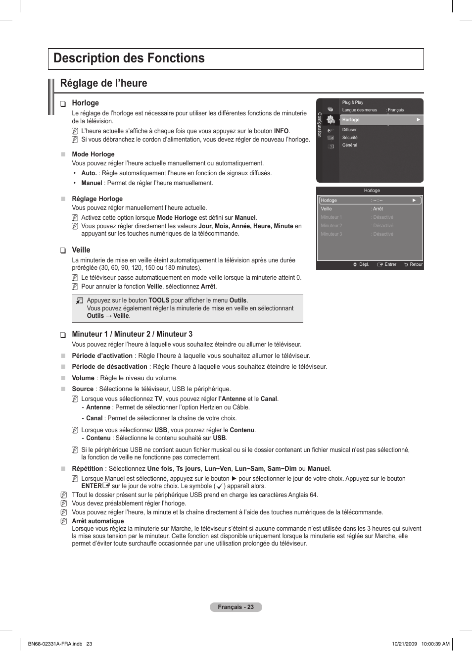 Description des fonctions, Réglage de l’heure | Samsung PS50B551T3W User Manual | Page 77 / 419