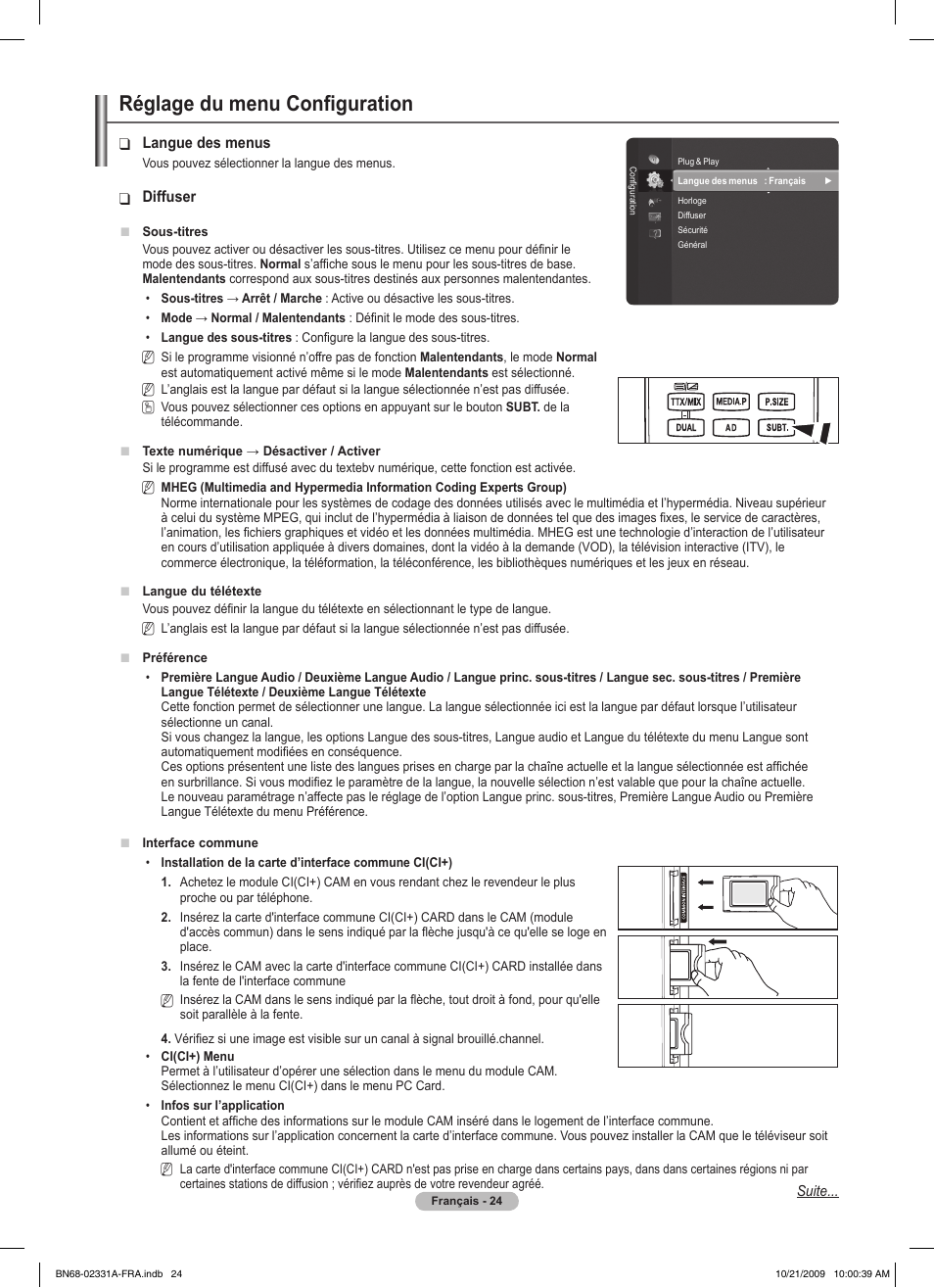 Réglage du menu configuration | Samsung PS50B551T3W User Manual | Page 78 / 419