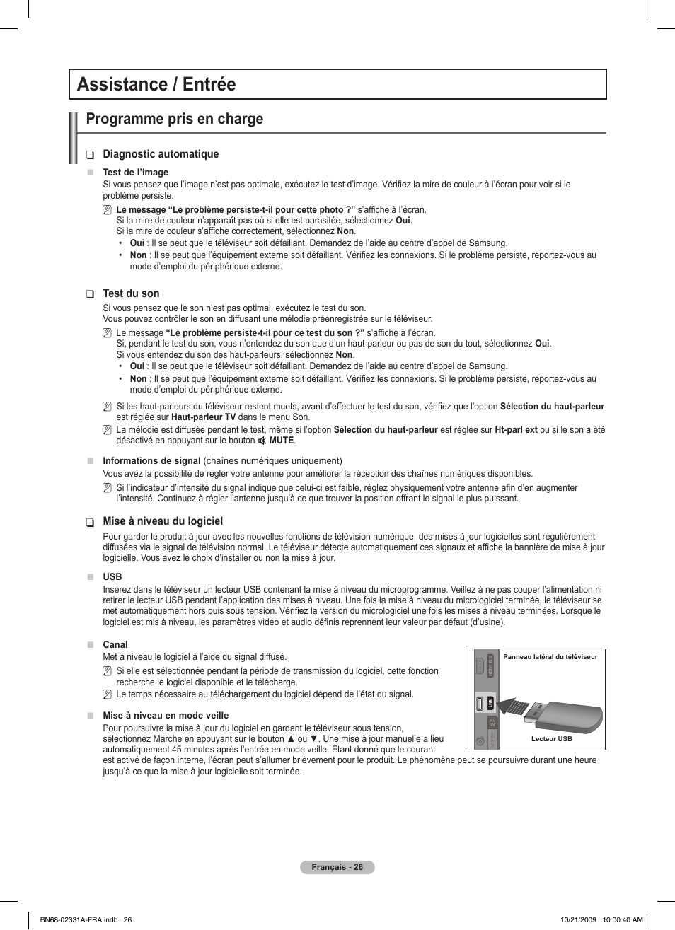 Assistance / entrée, Programme pris en charge | Samsung PS50B551T3W User Manual | Page 80 / 419