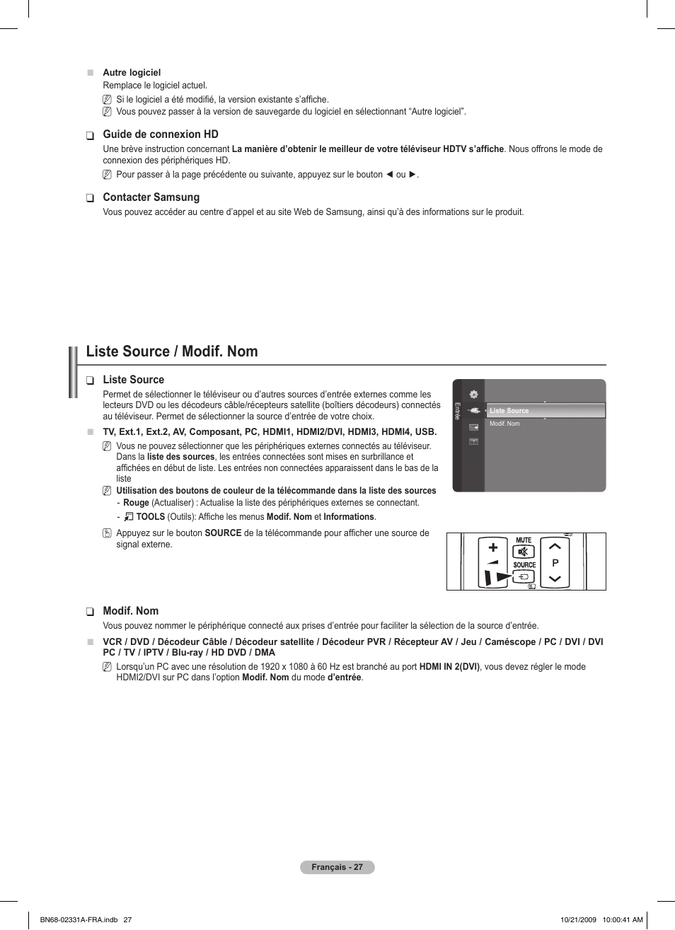 Liste source / modif. nom | Samsung PS50B551T3W User Manual | Page 81 / 419