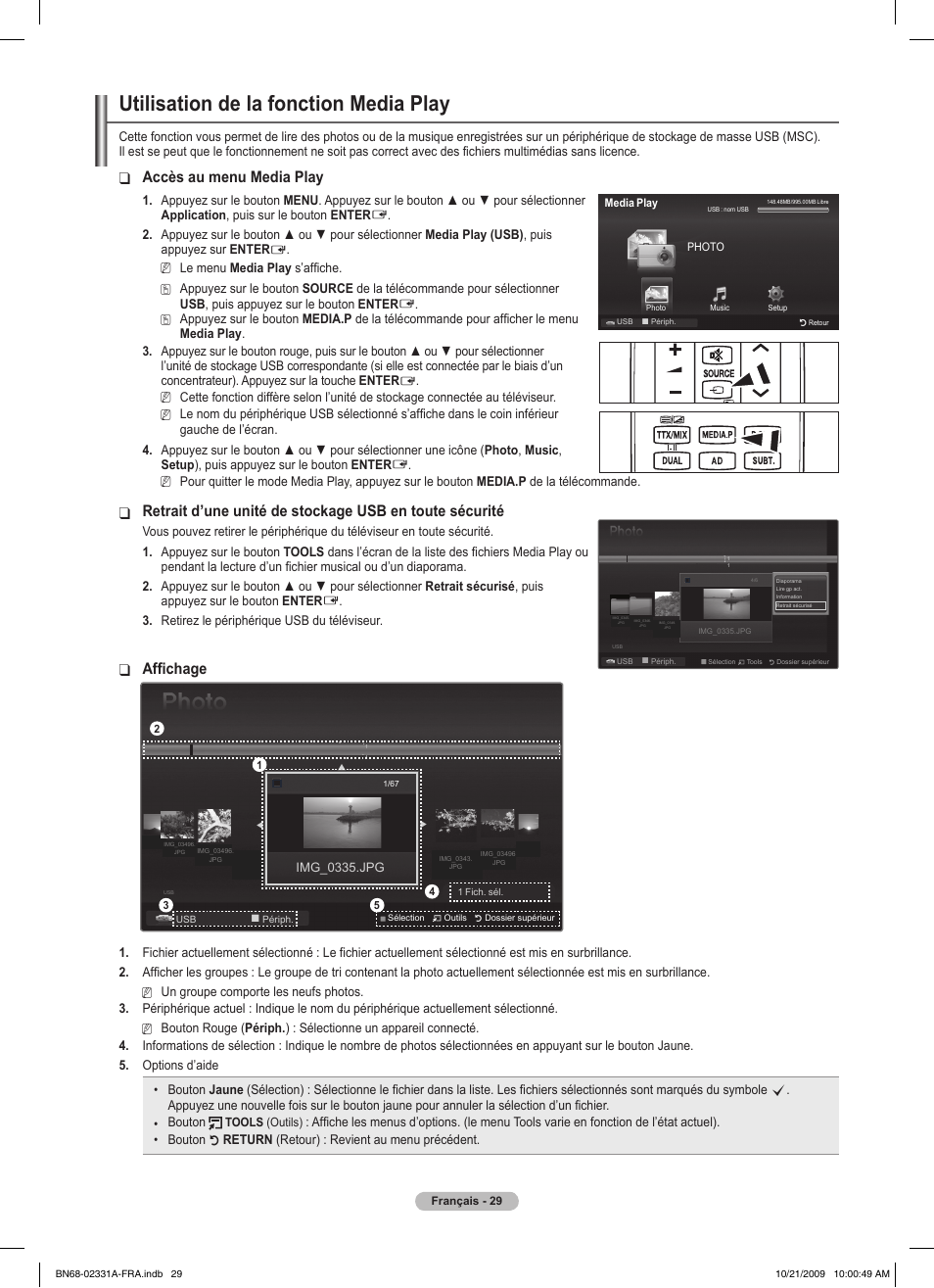 Utilisation de la fonction media play, Accès au menu media play, Affichage | Samsung PS50B551T3W User Manual | Page 83 / 419