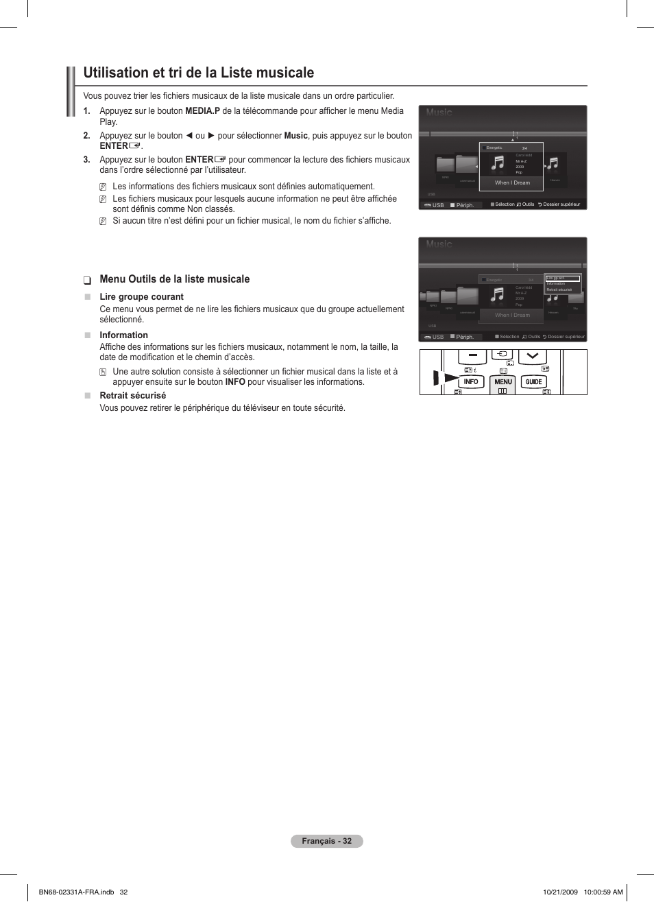 Utilisation et tri de la liste musicale, Menu outils de la liste musicale, Appuyez sur le bouton enter | Lire groupe courant | Samsung PS50B551T3W User Manual | Page 86 / 419