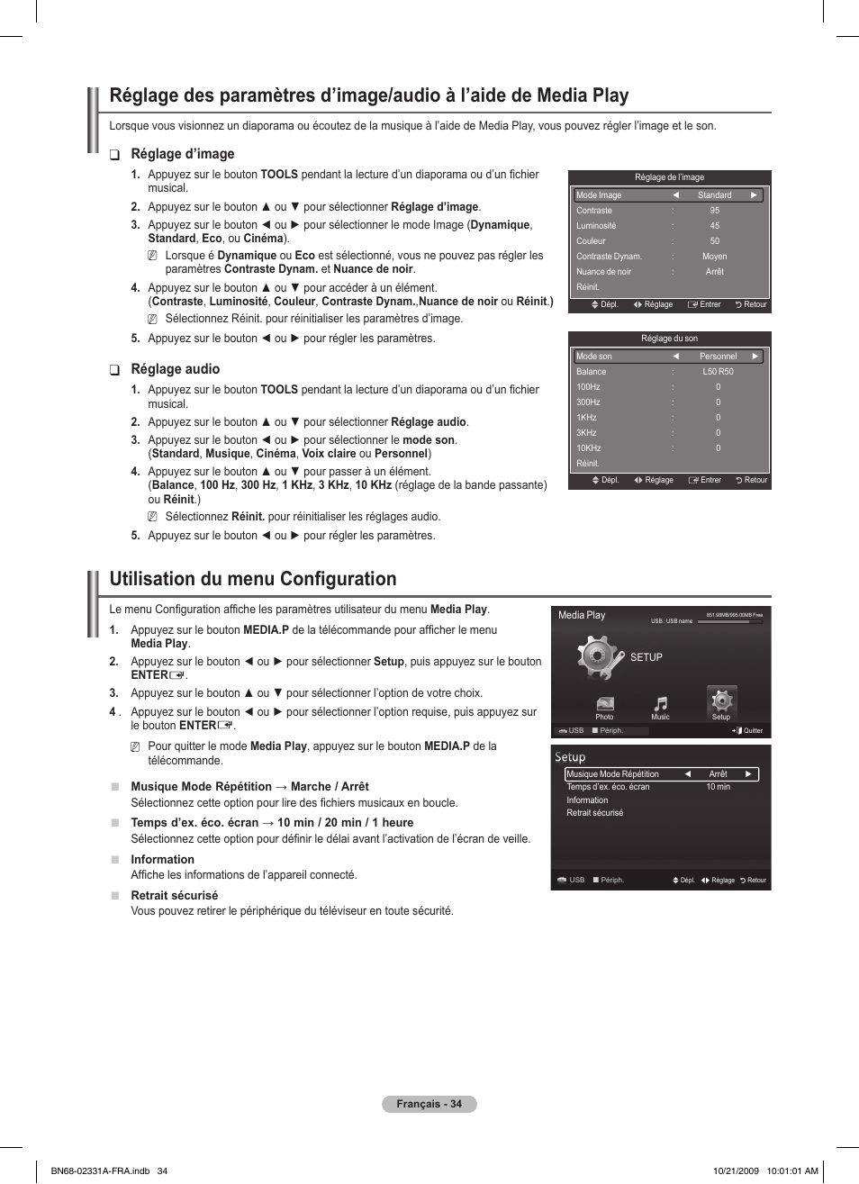 Utilisation du menu configuration, Réglage d’image, Réglage audio | Samsung PS50B551T3W User Manual | Page 88 / 419