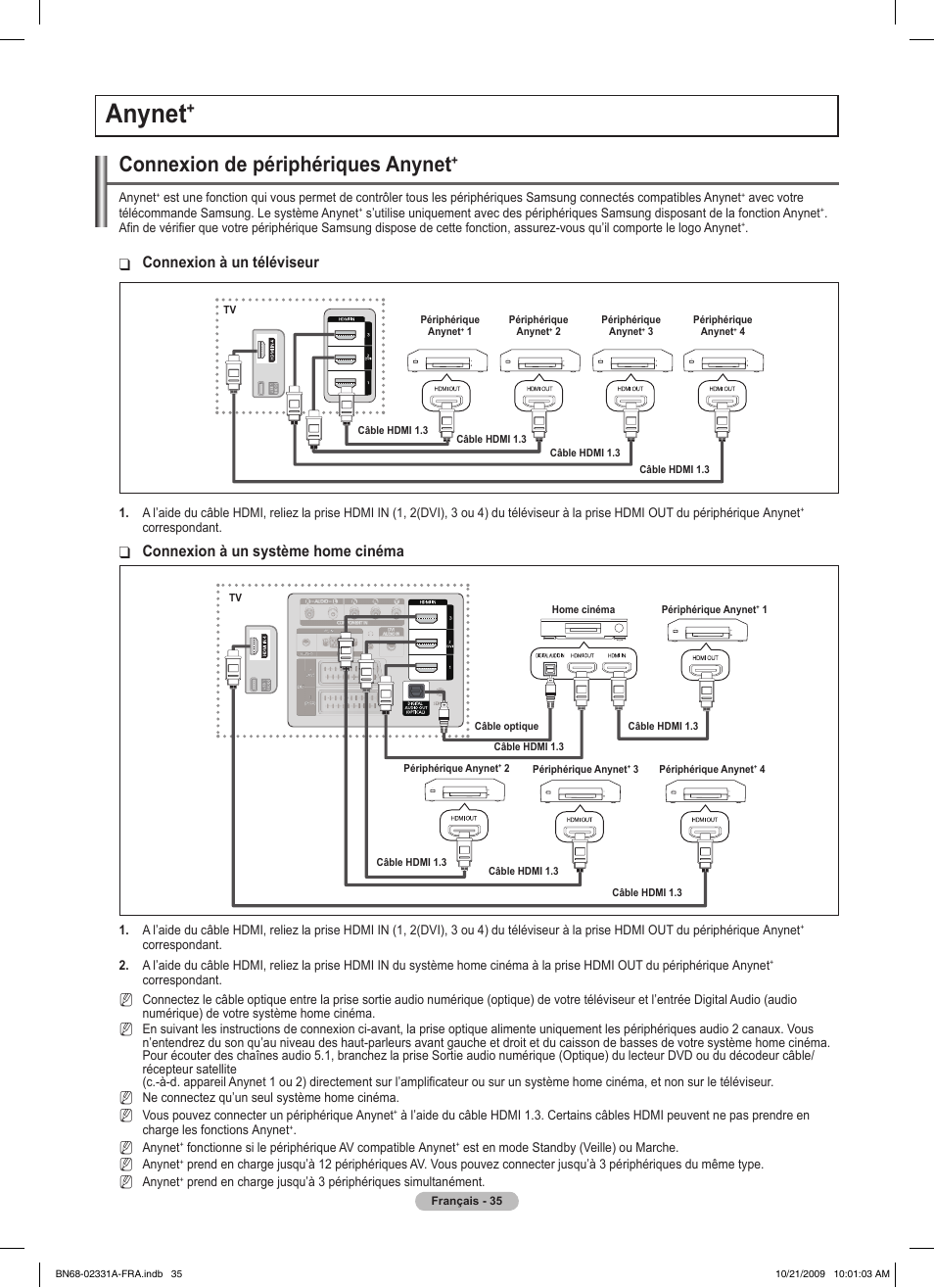 Anynet, Connexion de périphériques anynet, Connexion à un téléviseur | Connexion à un système home cinéma | Samsung PS50B551T3W User Manual | Page 89 / 419