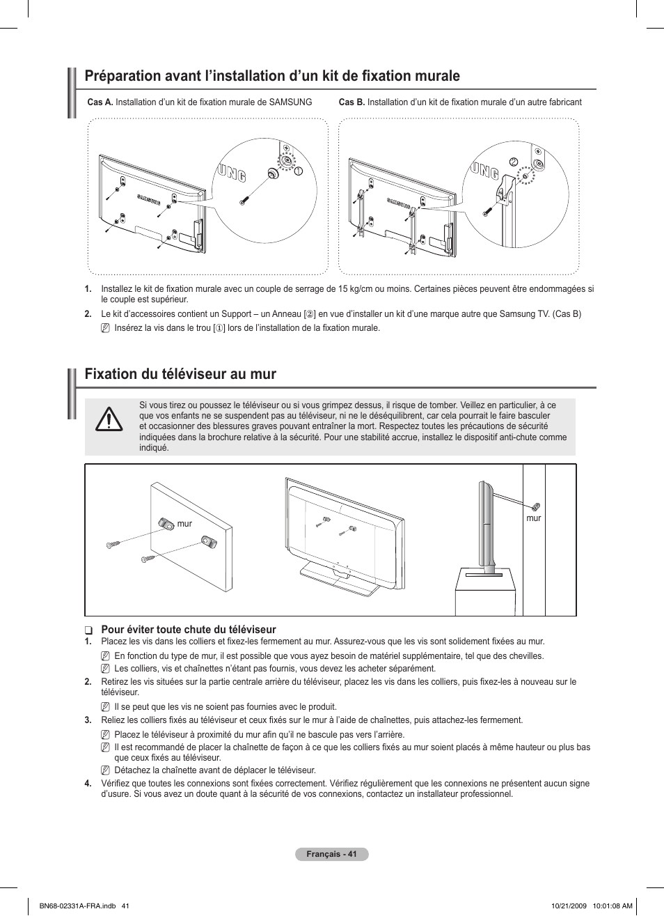 경고 주의 경고 주의, Fixation du téléviseur au mur | Samsung PS50B551T3W User Manual | Page 95 / 419