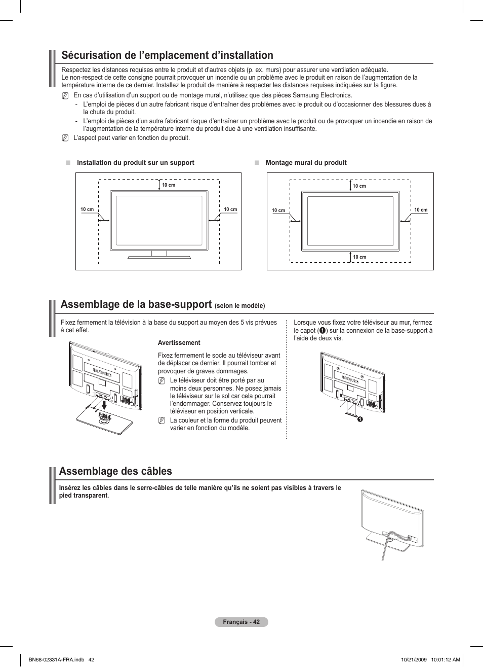 Sécurisation de l’emplacement d’installation, Assemblage des câbles, Assemblage de la base-support | Samsung PS50B551T3W User Manual | Page 96 / 419