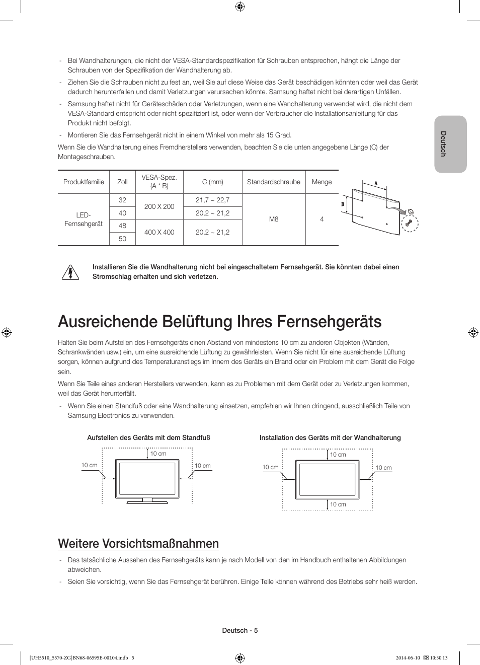 Ausreichende belüftung ihres fernsehgeräts, Weitere vorsichtsmaßnahmen | Samsung UE40H5570SS User Manual | Page 25 / 81