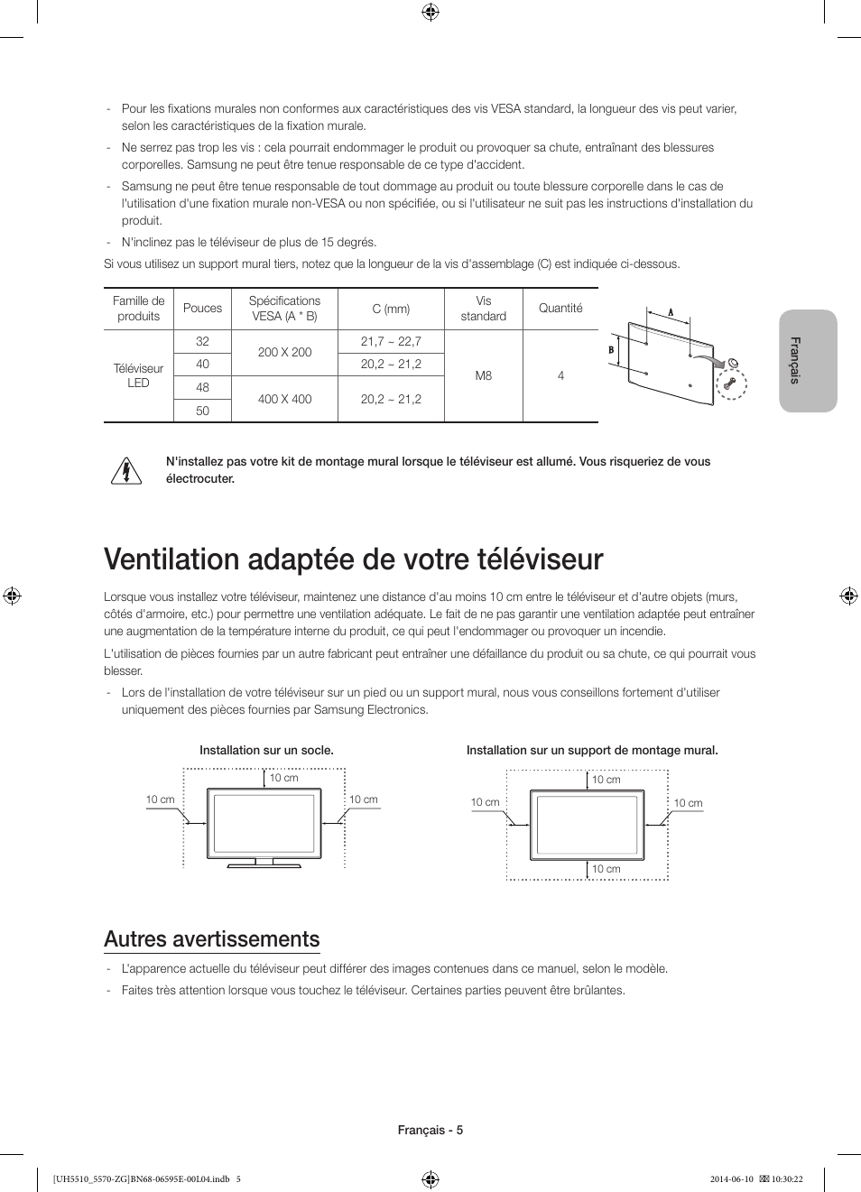 Ventilation adaptée de votre téléviseur, Autres avertissements | Samsung UE40H5570SS User Manual | Page 45 / 81