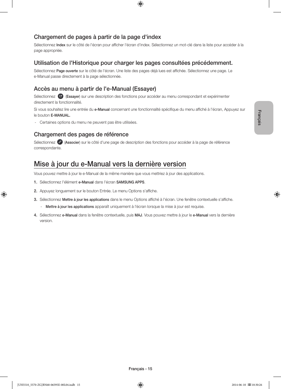 Mise à jour du e-manual vers la dernière version, Chargement de pages à partir de la page d'index, Accès au menu à partir de l'e-manual (essayer) | Chargement des pages de référence | Samsung UE40H5570SS User Manual | Page 55 / 81