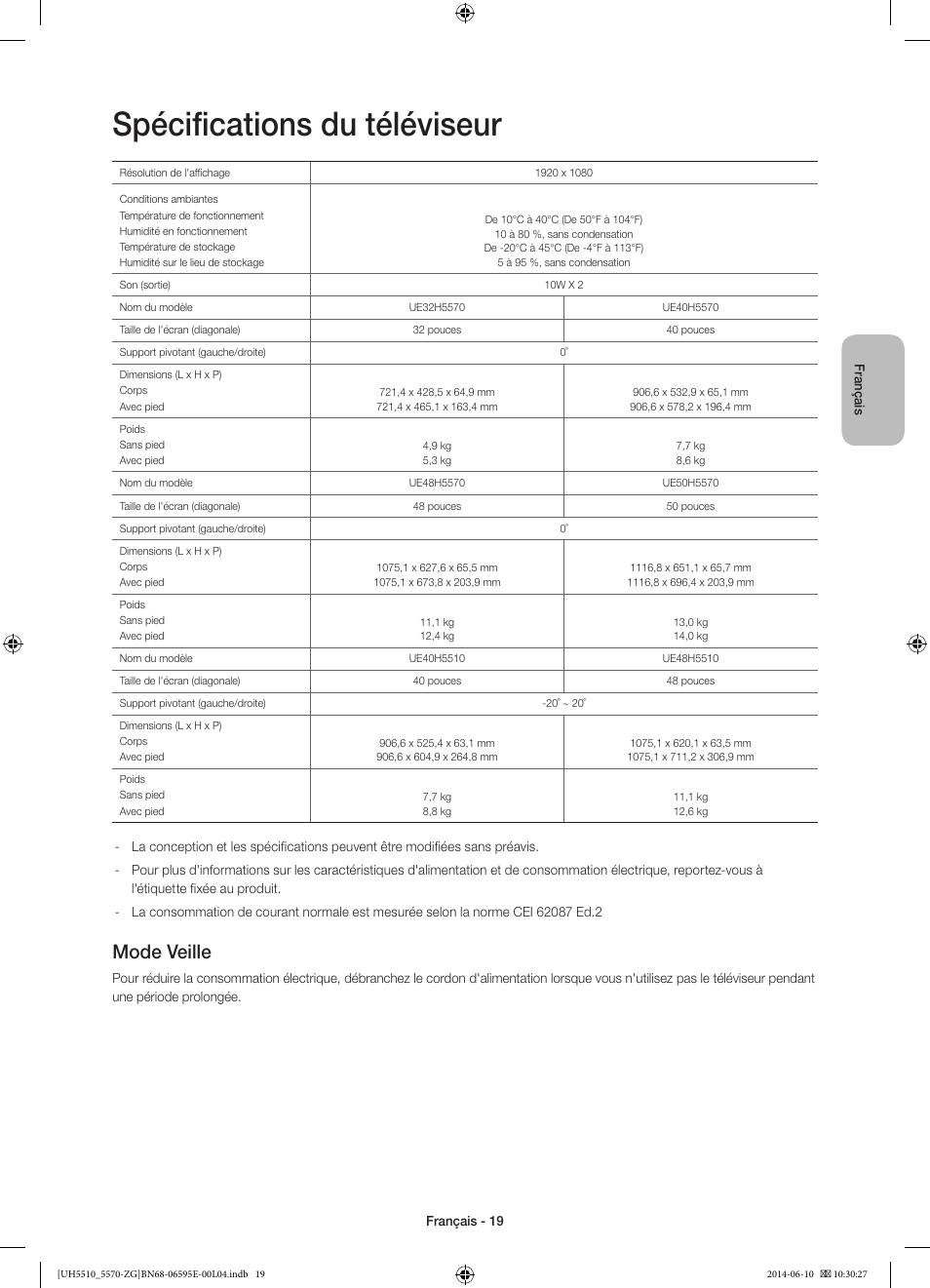 Spécifications du téléviseur, Mode veille | Samsung UE40H5570SS User Manual | Page 59 / 81