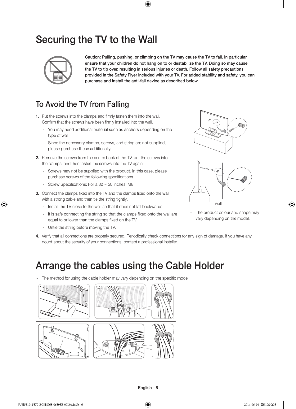 Securing the tv to the wall, Arrange the cables using the cable holder | Samsung UE40H5570SS User Manual | Page 6 / 81