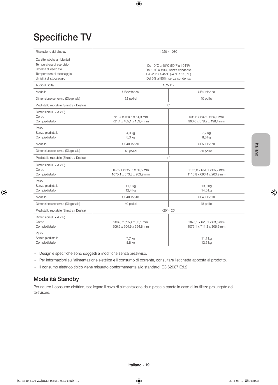 Specifiche tv, Modalità standby | Samsung UE40H5570SS User Manual | Page 79 / 81