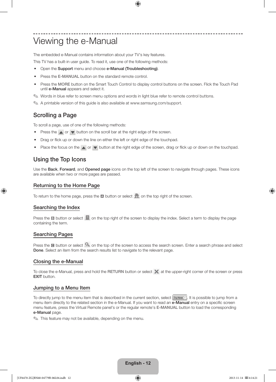 Viewing the e-manual, Scrolling a page, Using the top icons | Samsung UE50F6740SS User Manual | Page 12 / 97