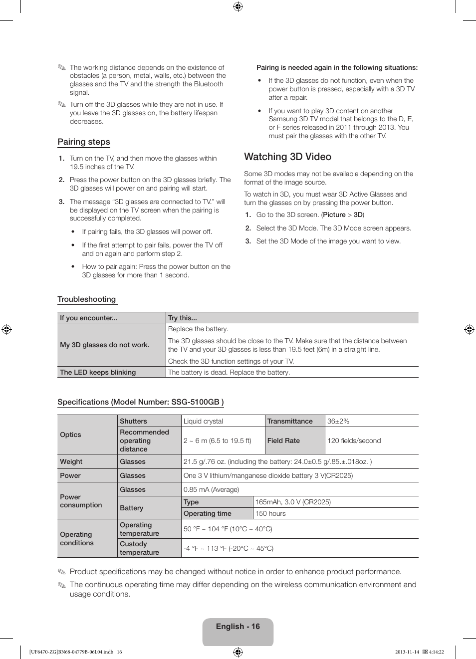 Watching 3d video | Samsung UE50F6740SS User Manual | Page 16 / 97