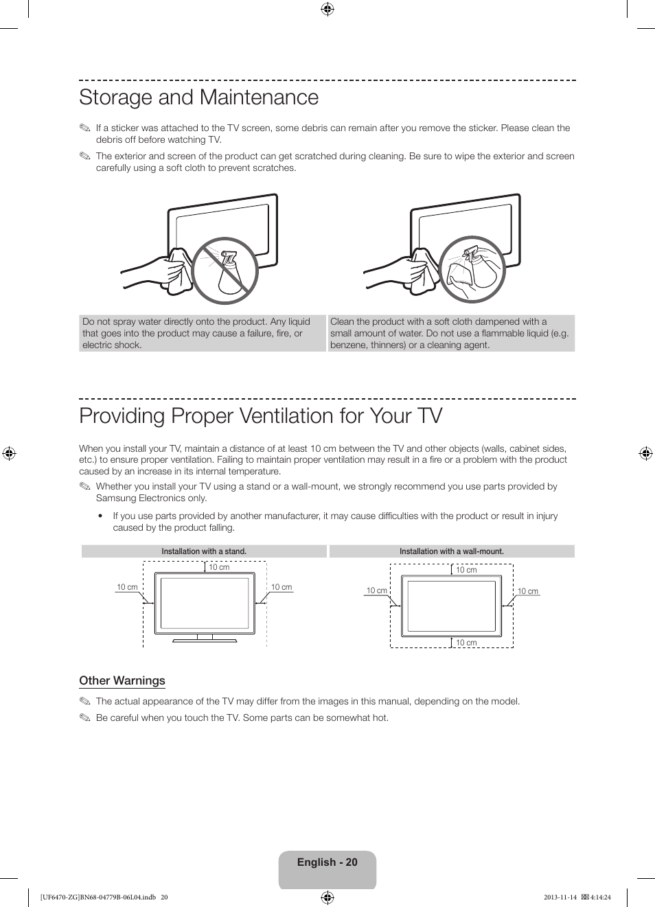 Storage and maintenance, Providing proper ventilation for your tv | Samsung UE50F6740SS User Manual | Page 20 / 97