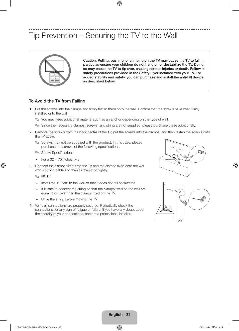 Tip prevention – securing the tv to the wall | Samsung UE50F6740SS User Manual | Page 22 / 97