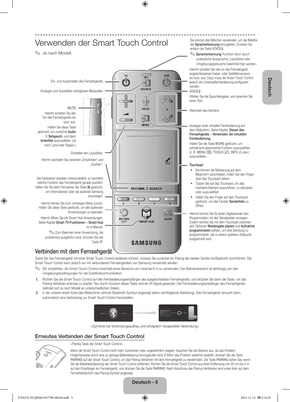 Verwenden der smart touch control, Verbinden mit dem fernsehgerät, Erneutes verbinden der smart touch control | Samsung UE50F6740SS User Manual | Page 29 / 97