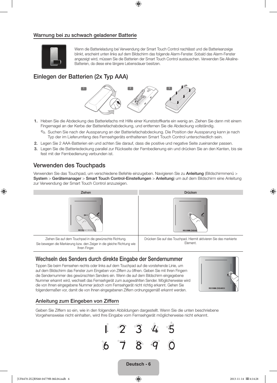 Einlegen der batterien (2x typ aaa), Verwenden des touchpads | Samsung UE50F6740SS User Manual | Page 30 / 97