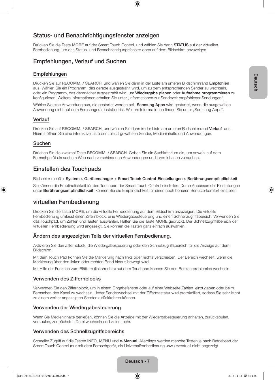 Status- und benachrichtigungsfenster anzeigen, Empfehlungen, verlauf und suchen, Einstellen des touchpads | Virtuellen fernbedienung | Samsung UE50F6740SS User Manual | Page 31 / 97