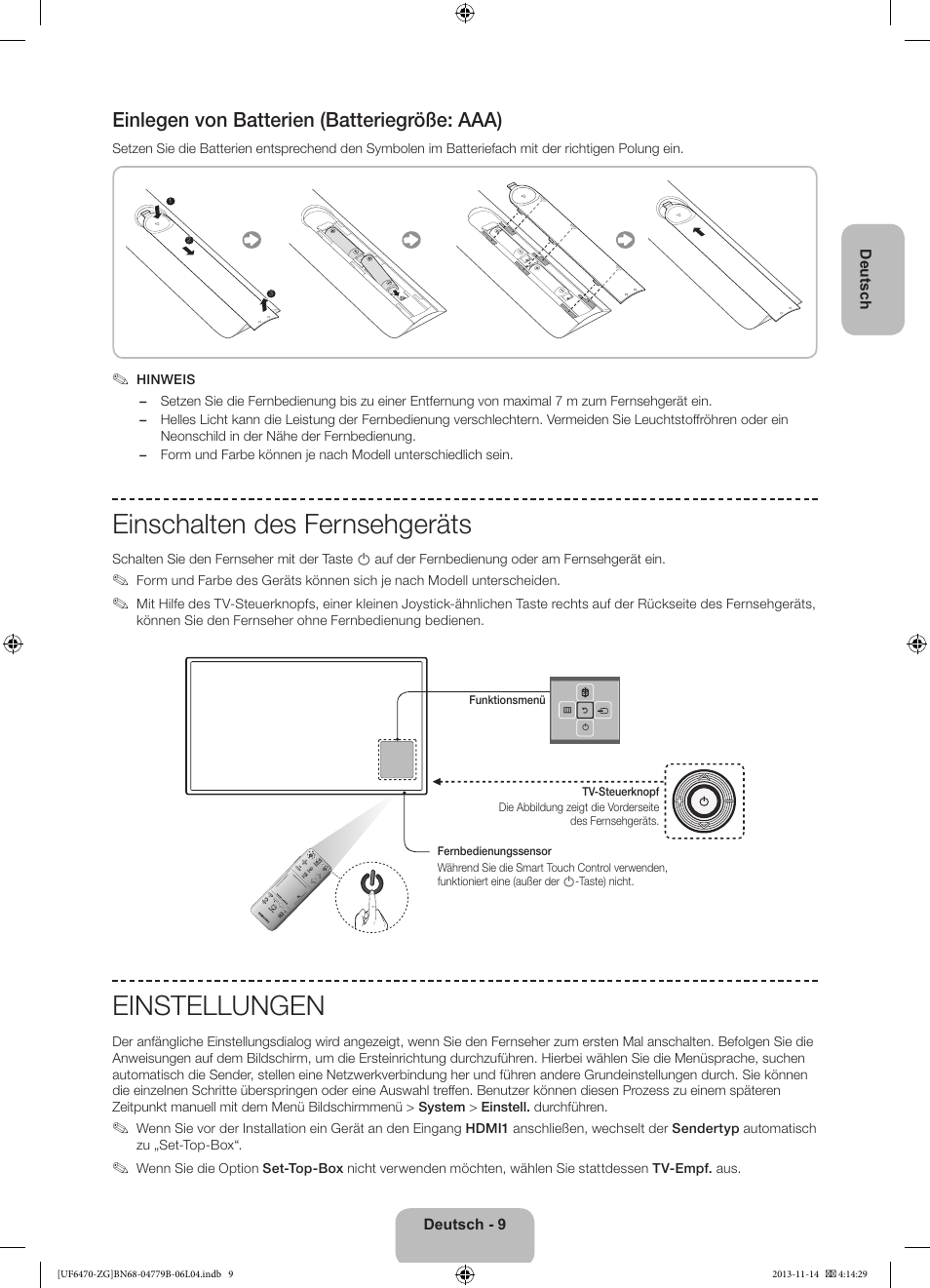 Einschalten des fernsehgeräts, Einstellungen, Einlegen von batterien (batteriegröße: aaa) | Samsung UE50F6740SS User Manual | Page 33 / 97