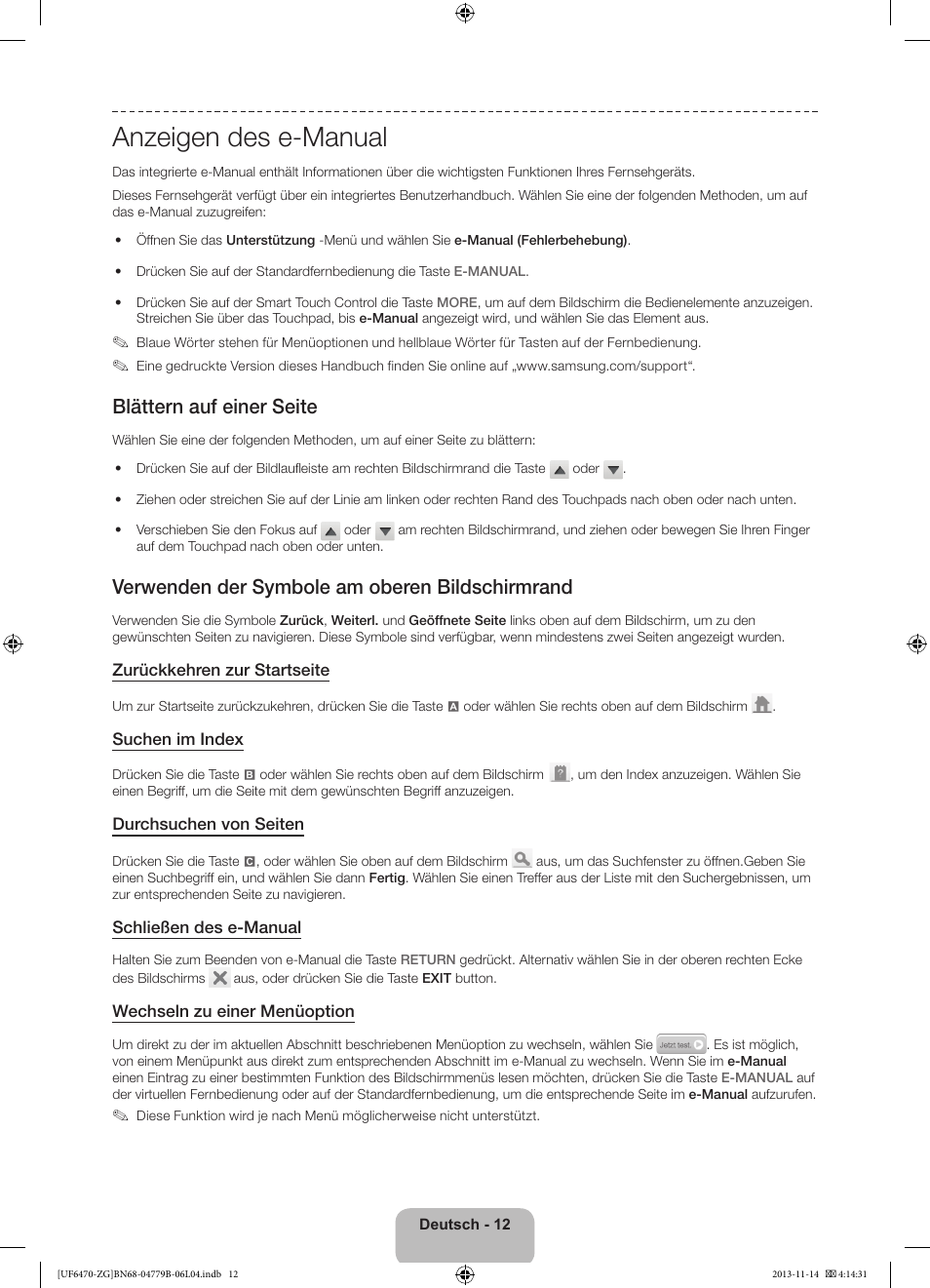 Anzeigen des e-manual, Blättern auf einer seite, Verwenden der symbole am oberen bildschirmrand | Samsung UE50F6740SS User Manual | Page 36 / 97