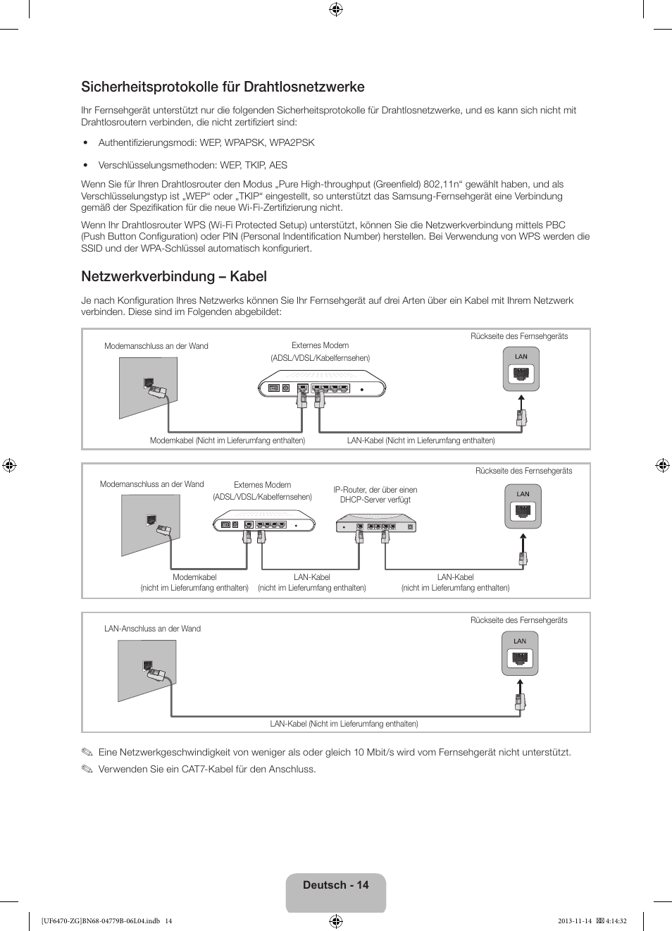 Sicherheitsprotokolle für drahtlosnetzwerke, Netzwerkverbindung – kabel | Samsung UE50F6740SS User Manual | Page 38 / 97