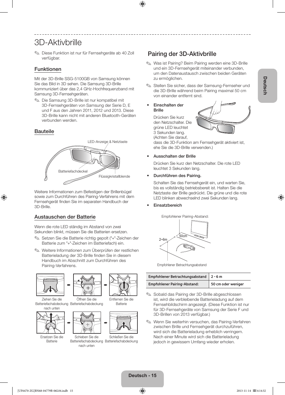 3d-aktivbrille, Pairing der 3d-aktivbrille | Samsung UE50F6740SS User Manual | Page 39 / 97