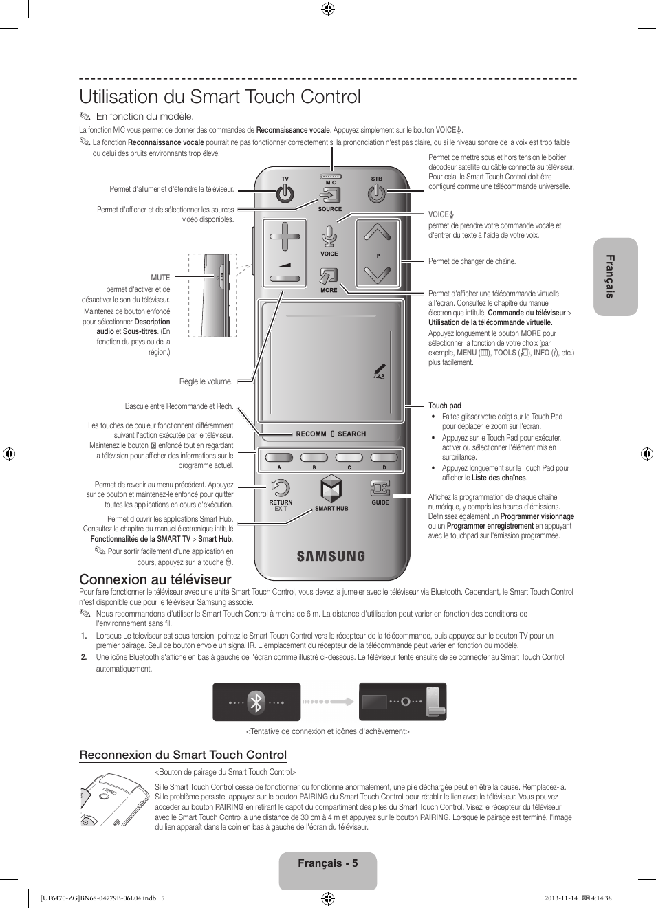 Utilisation du smart touch control, Connexion au téléviseur, Reconnexion du smart touch control | Samsung UE50F6740SS User Manual | Page 53 / 97