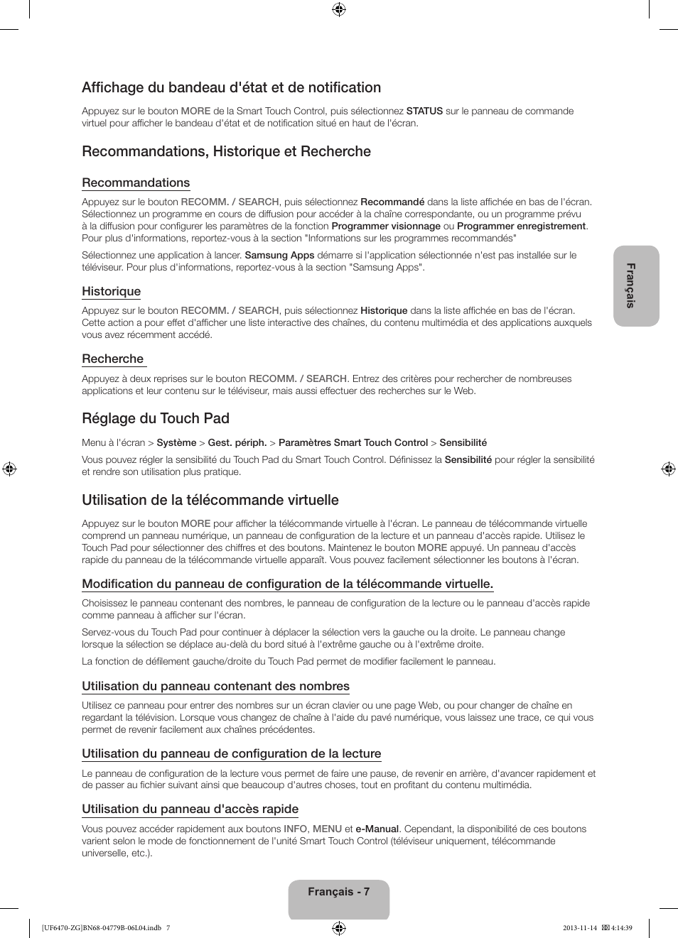 Affichage du bandeau d'état et de notification, Recommandations, historique et recherche, Réglage du touch pad | Utilisation de la télécommande virtuelle | Samsung UE50F6740SS User Manual | Page 55 / 97