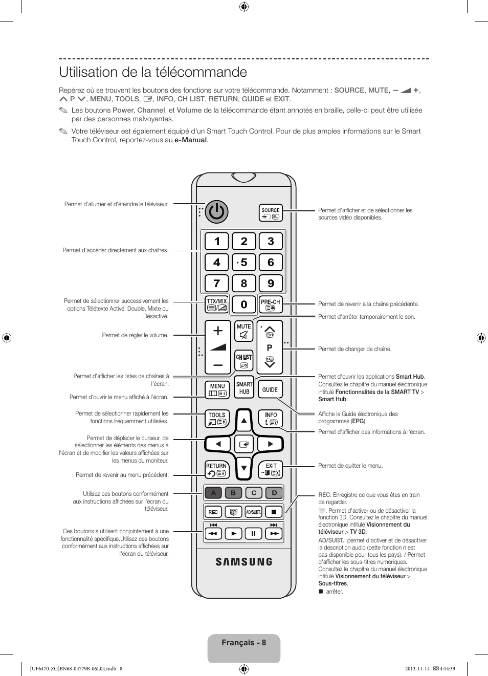 Utilisation de la télécommande | Samsung UE50F6740SS User Manual | Page 56 / 97