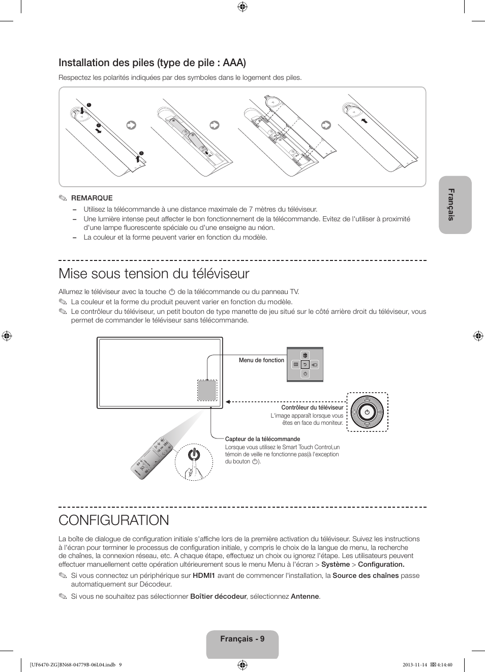 Mise sous tension du téléviseur, Configuration, Installation des piles (type de pile : aaa) | Samsung UE50F6740SS User Manual | Page 57 / 97