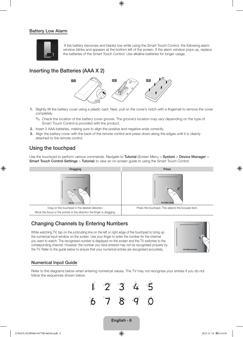 Inserting the batteries (aaa x 2), Using the touchpad, Changing channels by entering numbers | Samsung UE50F6740SS User Manual | Page 6 / 97
