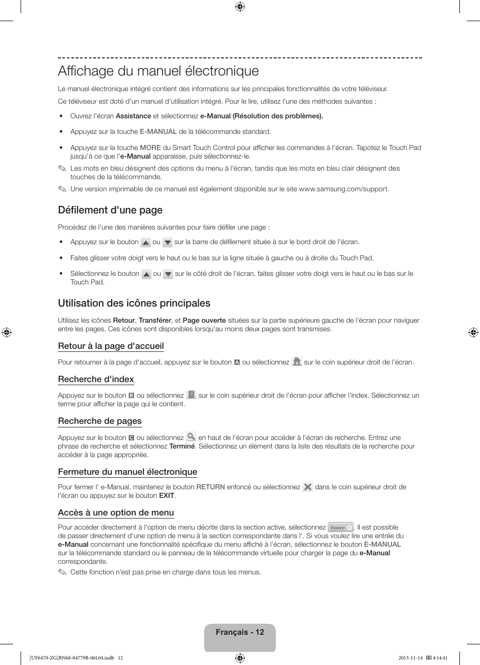 Affichage du manuel électronique, Défilement d'une page, Utilisation des icônes principales | Samsung UE50F6740SS User Manual | Page 60 / 97